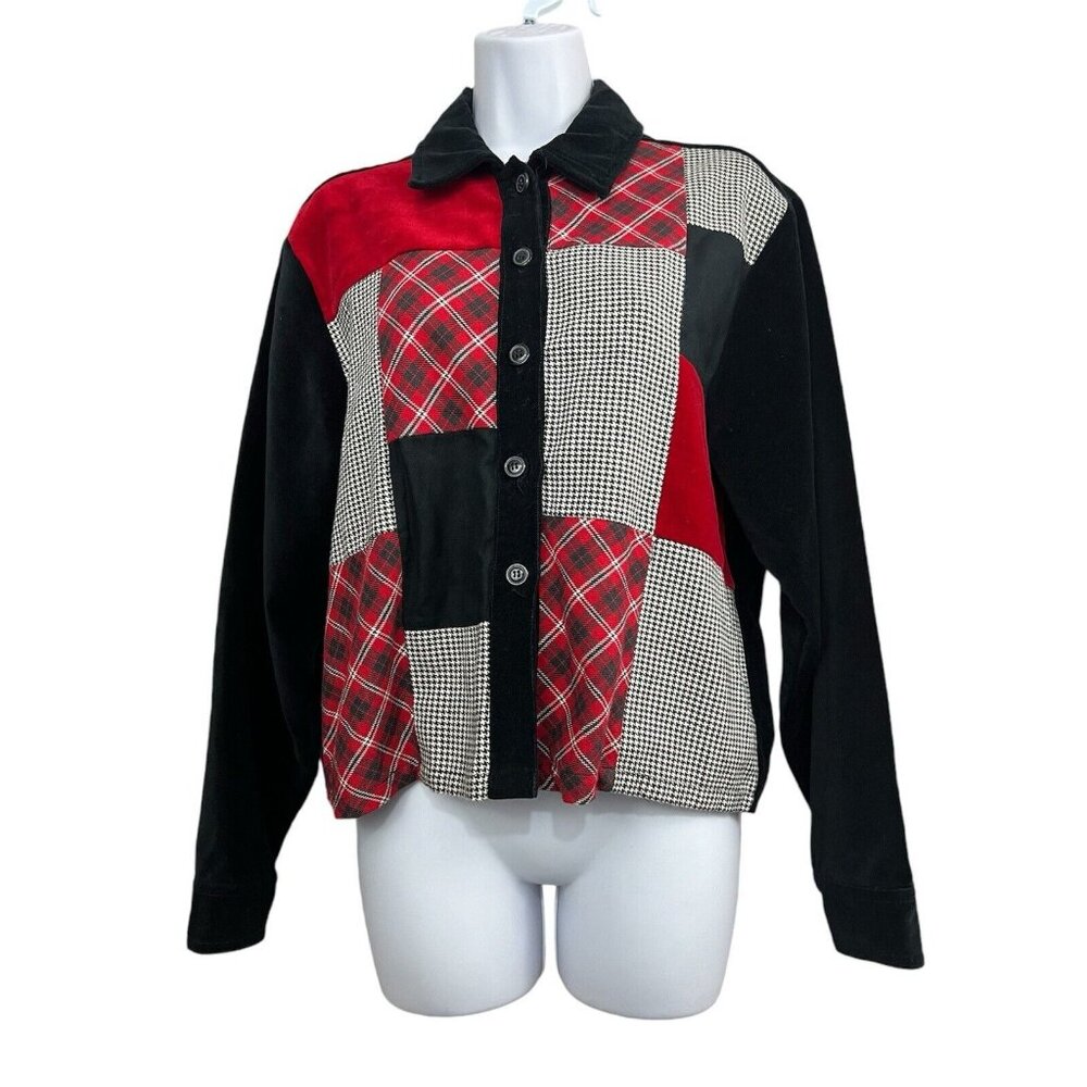 Vintage Women Patchwork Shirt‎ Jacket Shacket Red Black Velvet Plaid Mixed Print